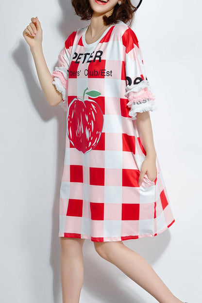 Classy red Plaid silk quilting dresses Fine linen Half sleeve silk Summer Dress