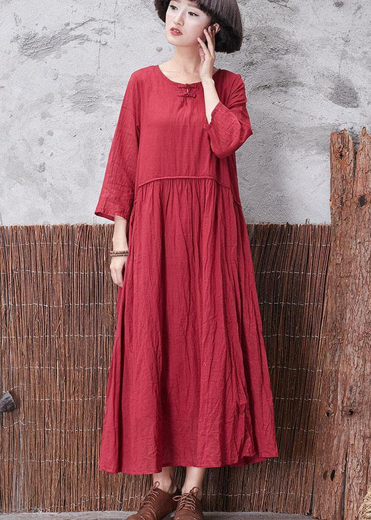 Classy red crop sleeve linen clothes layered Plus Size fall Dress - SooLinen