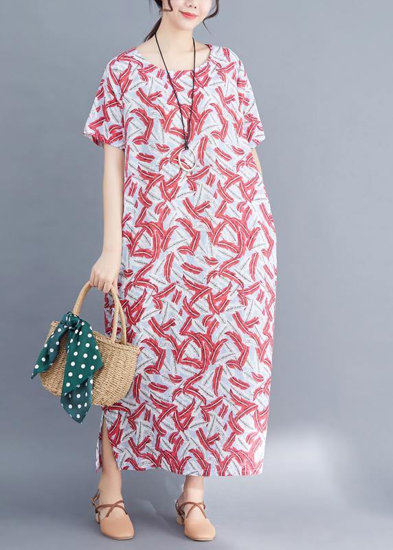 Classy red prints cotton tunic dressVintage Sewing side open Traveling summer Dresses - SooLinen