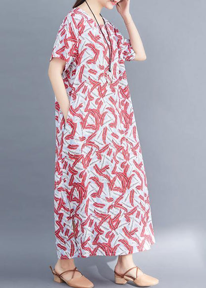 Classy red prints cotton tunic dressVintage Sewing side open Traveling summer Dresses - SooLinen