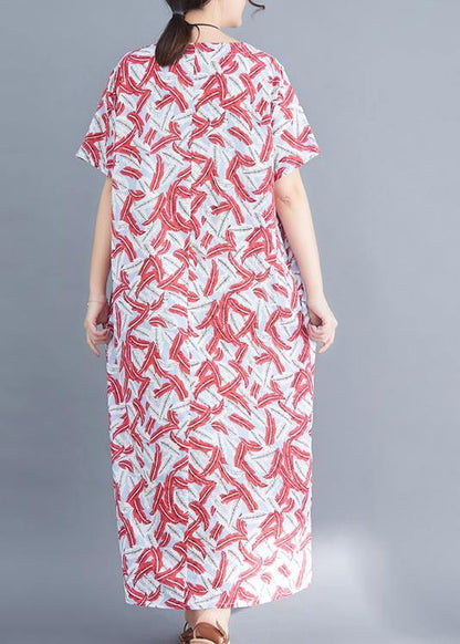 Classy red prints cotton tunic dressVintage Sewing side open Traveling summer Dresses - SooLinen
