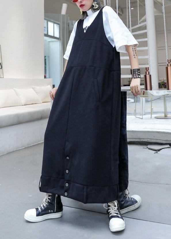 Classy sleeveless cotton dresses Tutorials black v neck long Dresses fall - SooLinen