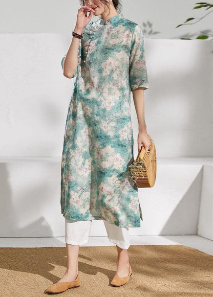 Classy stand collar half sleeve linen summer dresses Outfits green print Dress - SooLinen