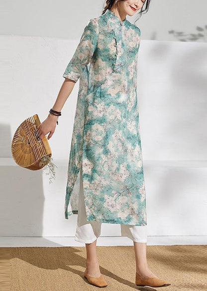 Classy stand collar half sleeve linen summer dresses Outfits green print Dress - SooLinen