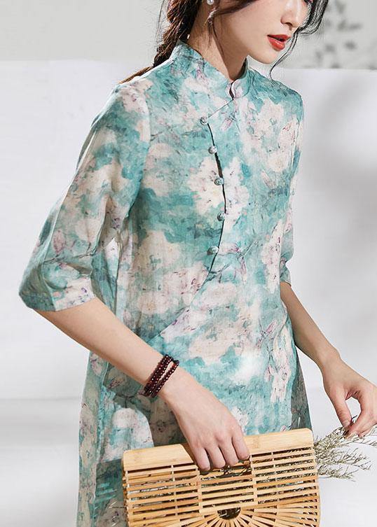 Classy stand collar half sleeve linen summer dresses Outfits green print Dress - SooLinen