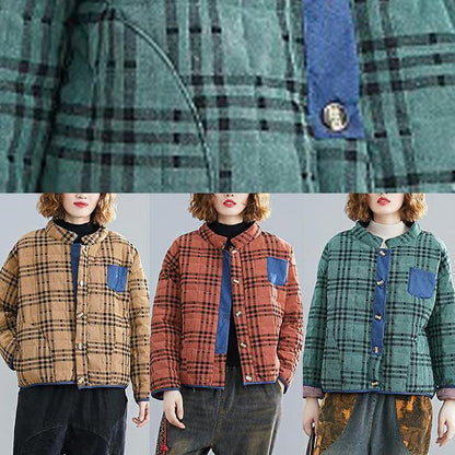 Classy stand collar patchwork clothes For Women Runway khaki plaid tops - SooLinen