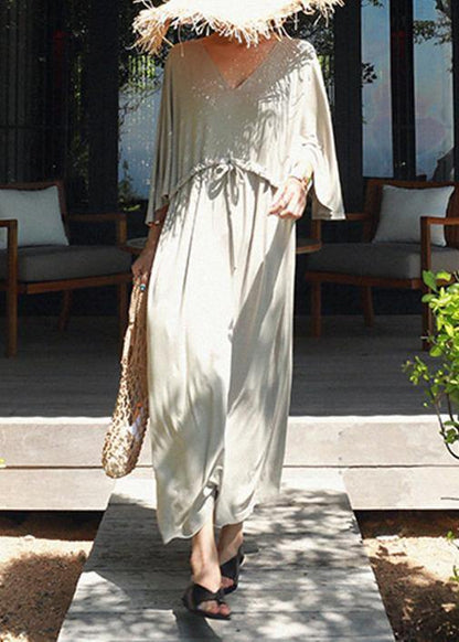 Classy v neck drawstring cotton clothes gray Maxi Dresses - SooLinen