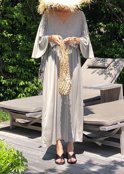 Classy v neck drawstring cotton clothes gray Maxi Dresses - SooLinen