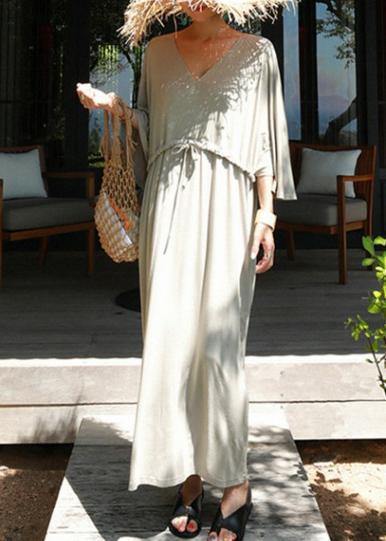 Classy v neck drawstring cotton clothes gray Maxi Dresses - SooLinen