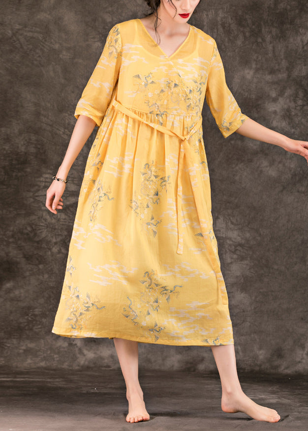 Classy v neck pockets linen dresses 2025 Work Outfits yellow print Maxi Dress Summer