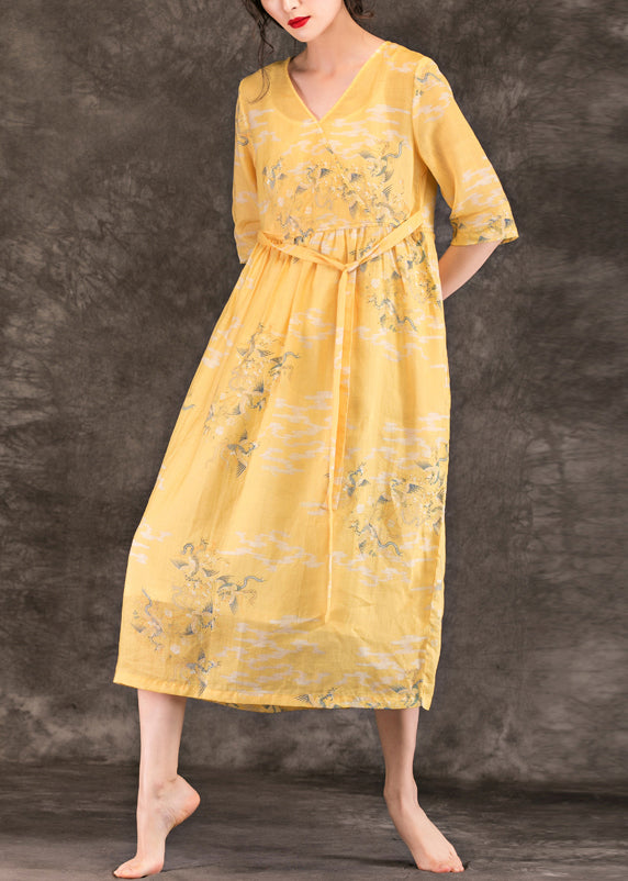 Classy v neck pockets linen dresses 2025 Work Outfits yellow print Maxi Dress Summer