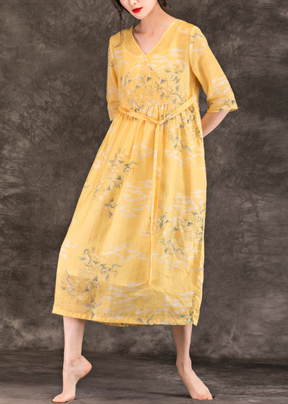Classy v neck pockets linen dresses 2025 Work Outfits yellow print Maxi Dress Summer