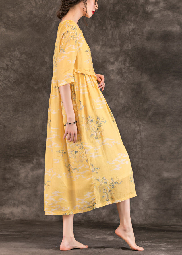 Classy v neck pockets linen dresses 2025 Work Outfits yellow print Maxi Dress Summer
