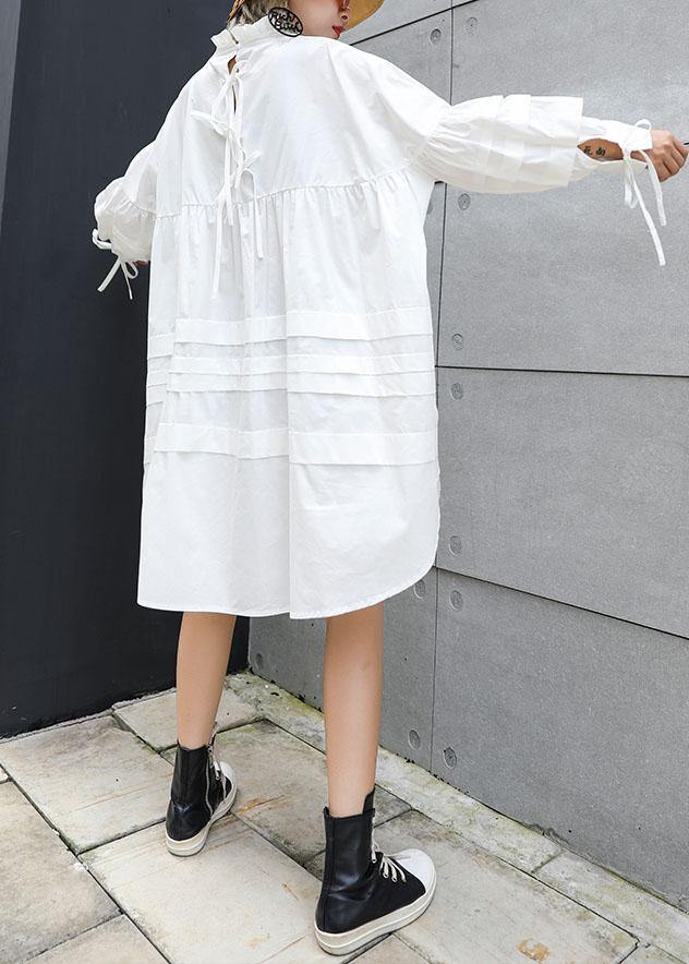 Classy white Cotton tunic top Puff Sleeve short fall Dresses - SooLinen