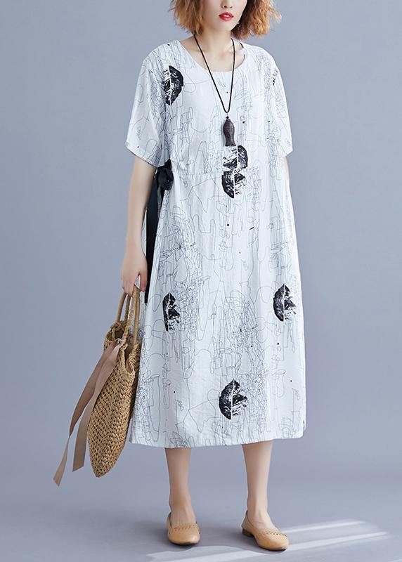 Classy white print dresses o neck tie waist daily summer Dresses - SooLinen