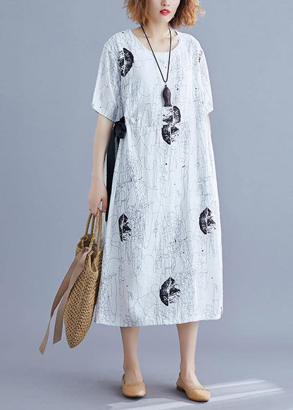 Classy white print dresses o neck tie waist daily summer Dresses - SooLinen