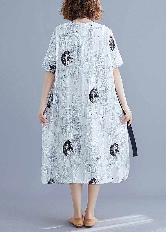 Classy white print dresses o neck tie waist daily summer Dresses - SooLinen