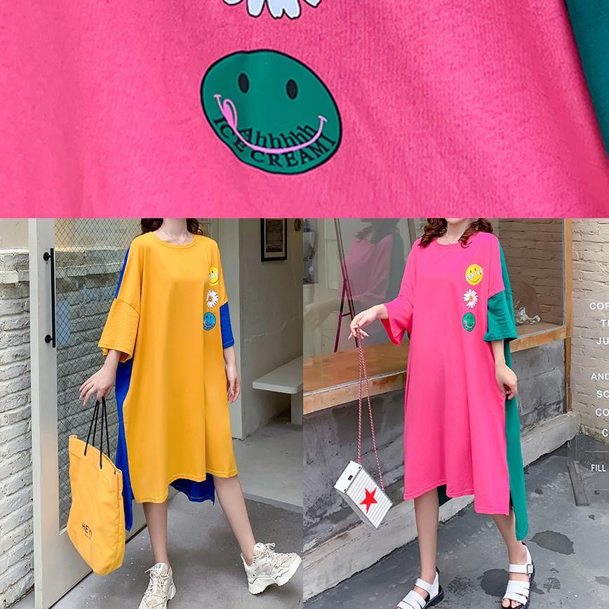 Classy yellow Smiley print clothes Women o neck patchwork Art Dress - SooLinen