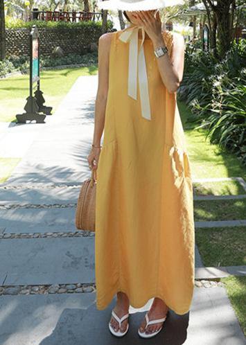 Classy yellow cotton Wardrobes o neck sleeveless Maxi summer Dresses - SooLinen