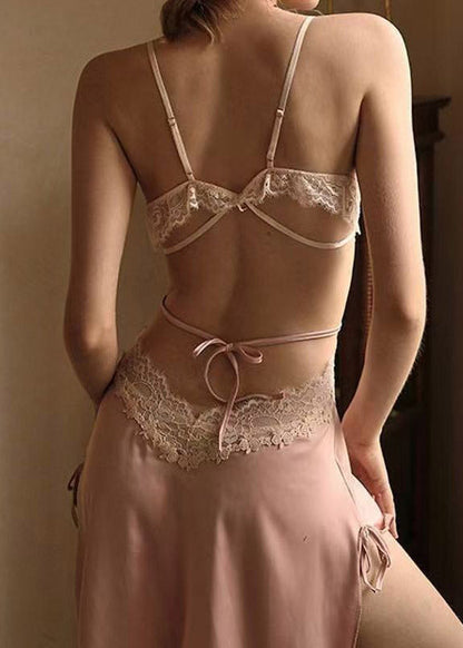 Club Pink Lace Patchwork Ice Silk Cardigans And Slips Lingerie Set