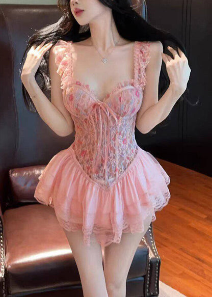 Club Pink V-Neck Lace Slips Lingerie Sets