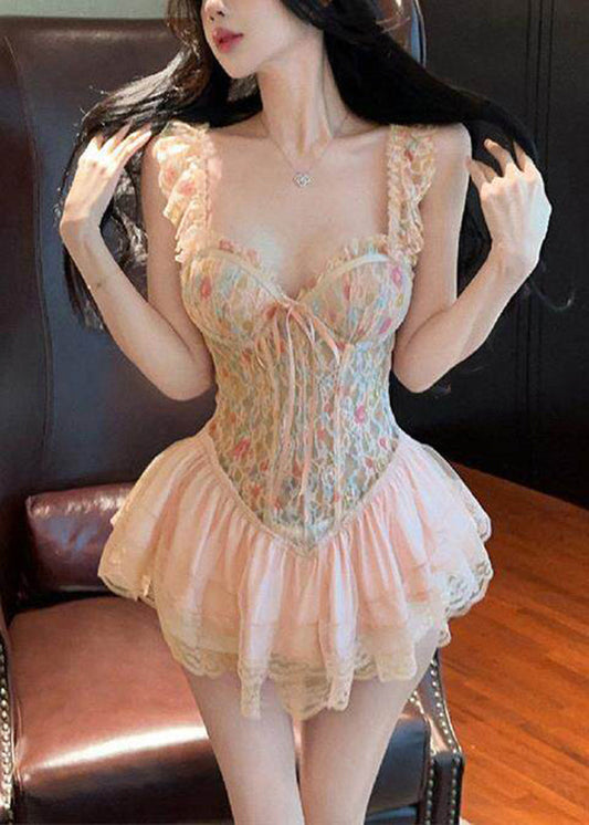 Club Pink V-Neck Lace Slips Lingerie Sets