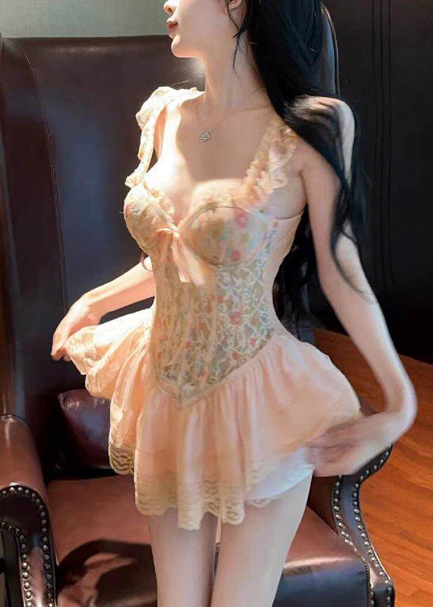 Club Pink V-Neck Lace Slips Lingerie Sets