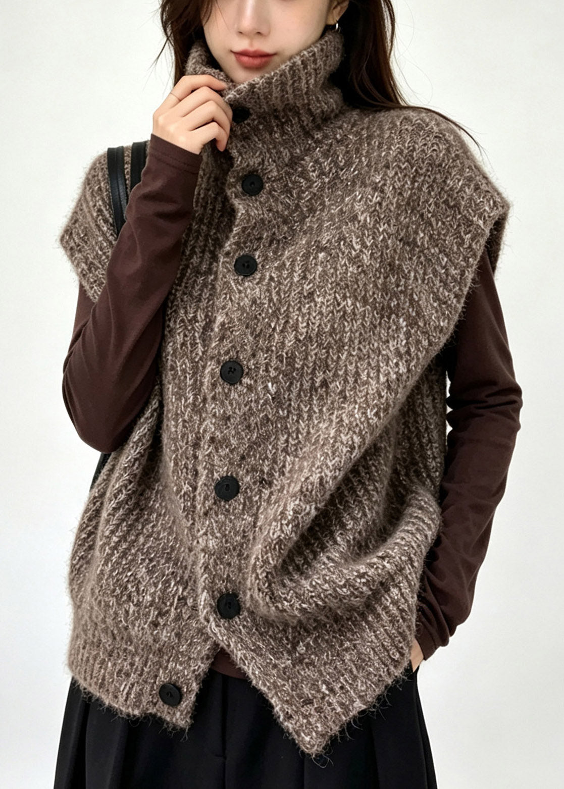 Coffe Button Cozy Cotton Knit Waistcoat Short Sleeve