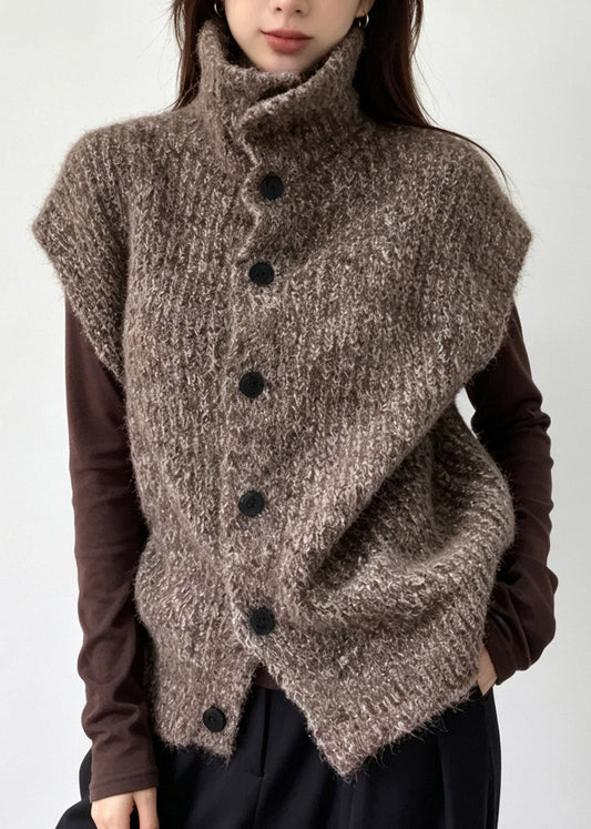 Coffe Button Cozy Cotton Knit Waistcoat Short Sleeve