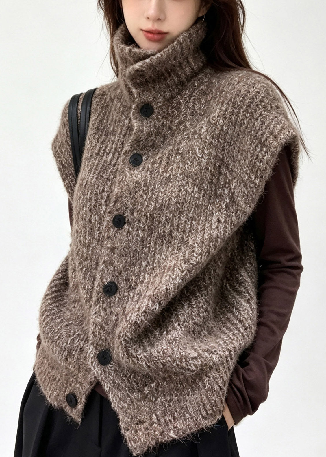 Coffe Button Cozy Cotton Knit Waistcoat Short Sleeve