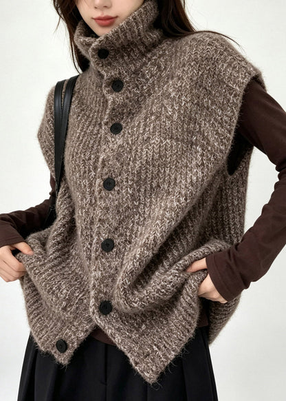 Coffe Button Cozy Cotton Knit Waistcoat Short Sleeve