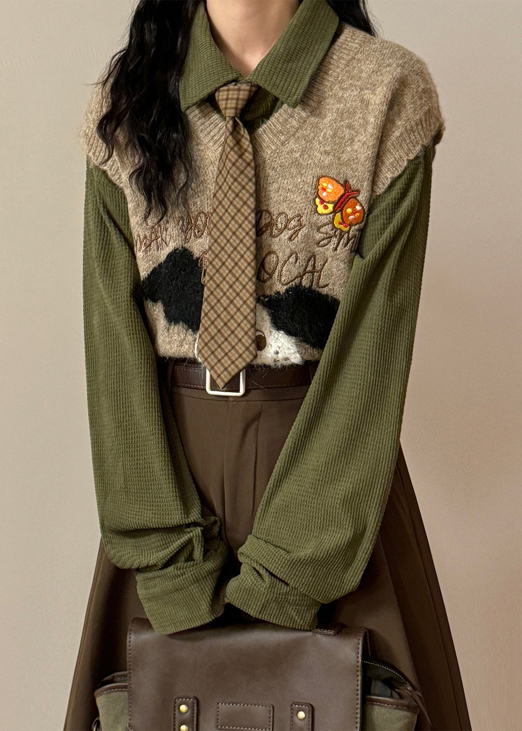 Coffee Animal Letter Knit Vest V Neck Sleeveless