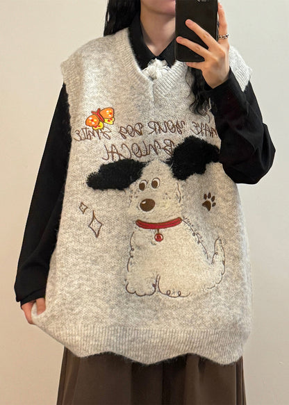 Coffee Animal Letter Knit Vest V Neck Sleeveless