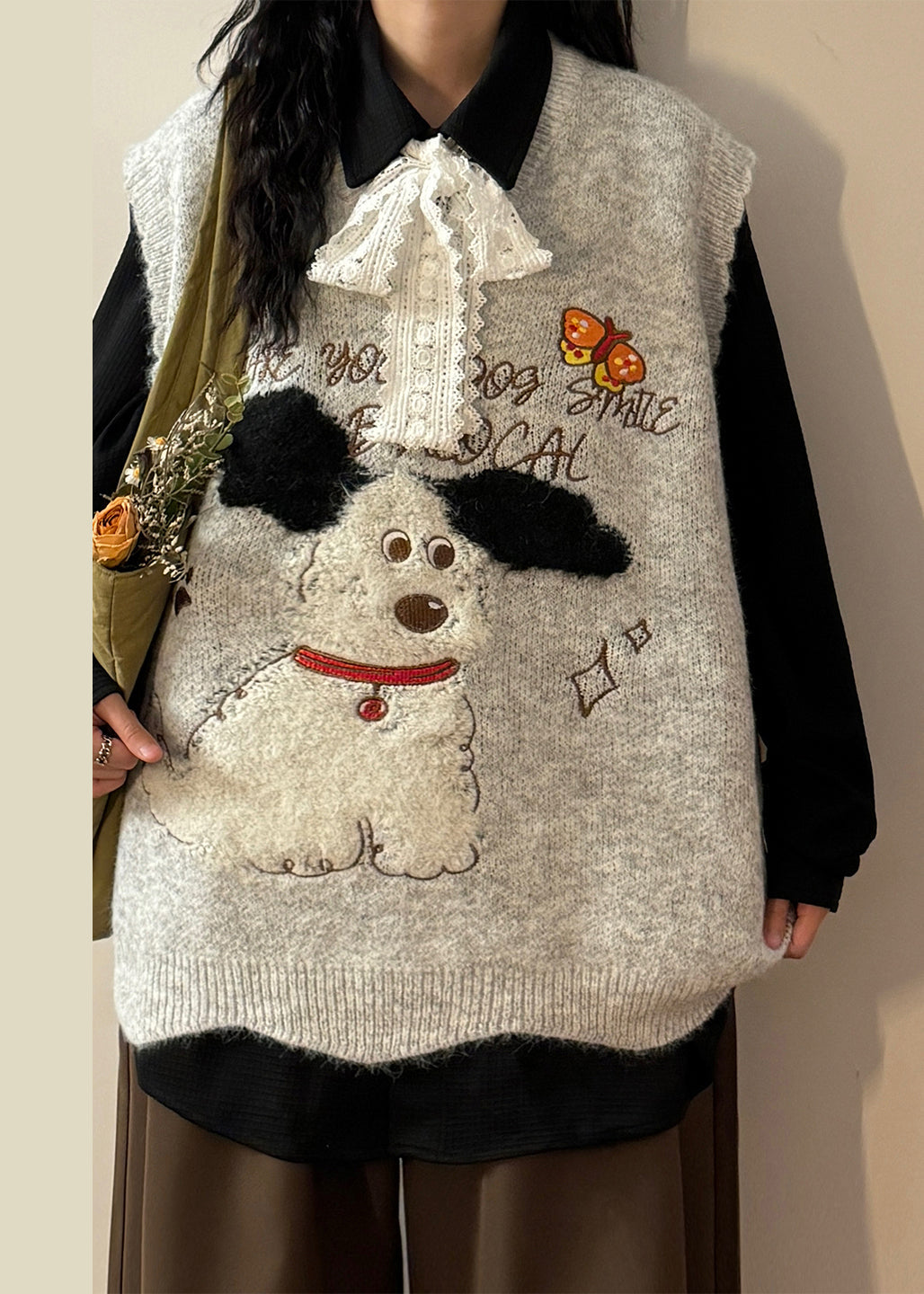 Coffee Animal Letter Knit Vest V Neck Sleeveless