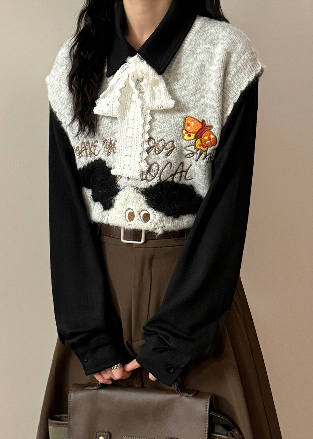 Coffee Animal Letter Knit Vest V Neck Sleeveless