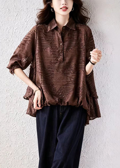 Coffee Blouses Asymmetrical Jacquard Turn-Down Collar Rhinestone Fall