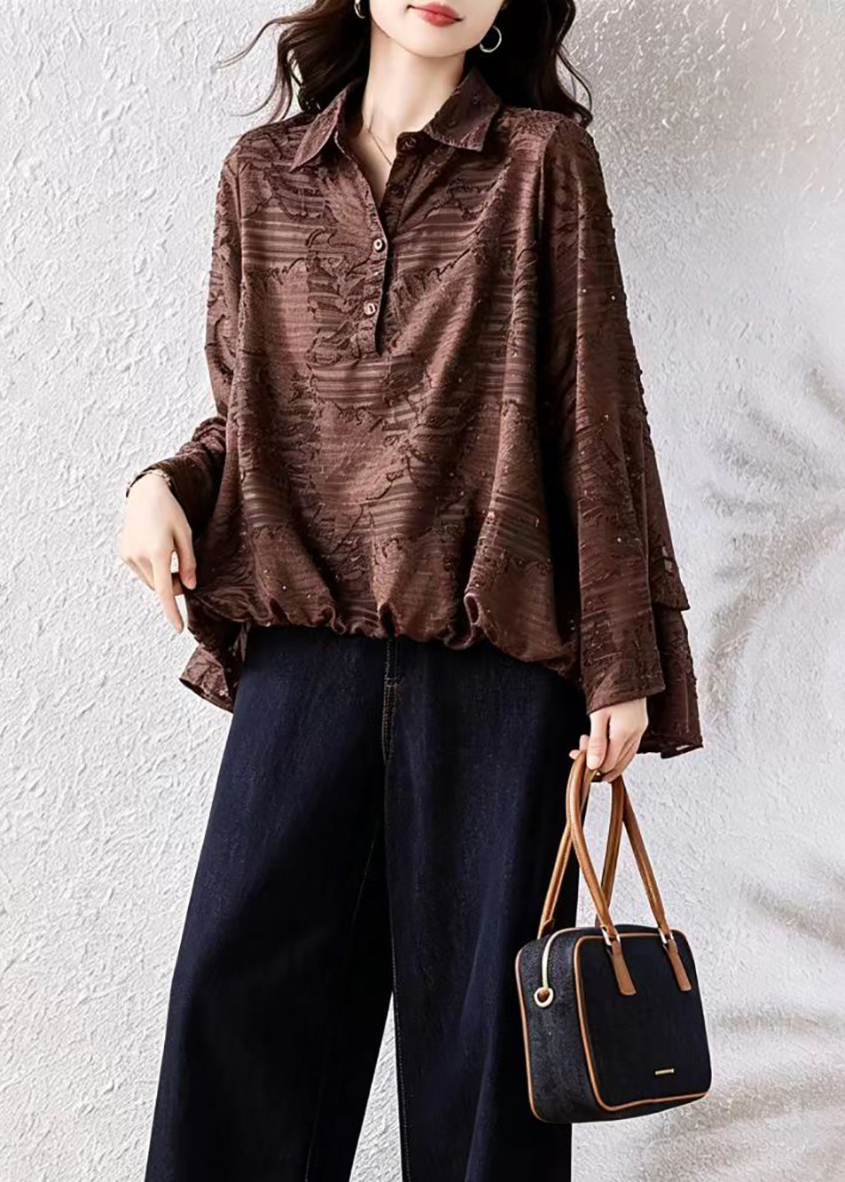 Coffee Blouses Asymmetrical Jacquard Turn-Down Collar Rhinestone Fall