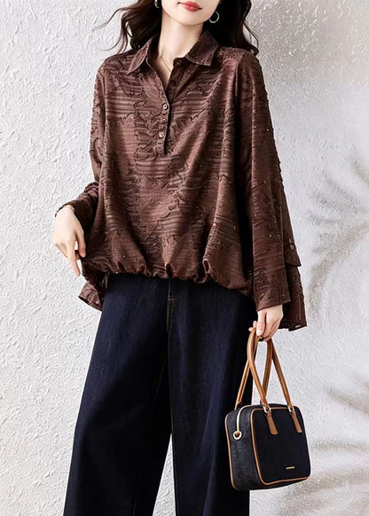 Coffee Blouses Asymmetrical Jacquard Turn-Down Collar Rhinestone Fall