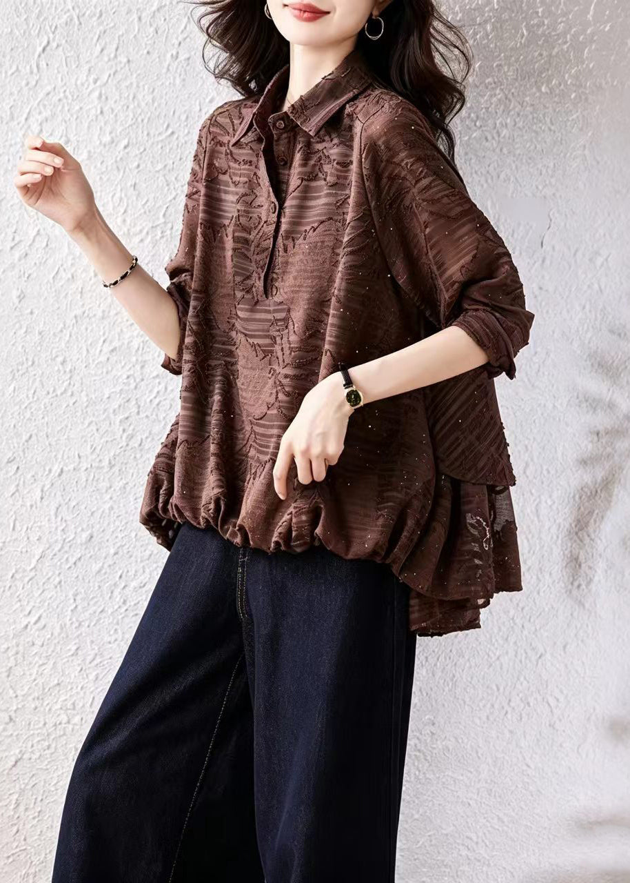 Coffee Blouses Asymmetrical Jacquard Turn-Down Collar Rhinestone Fall