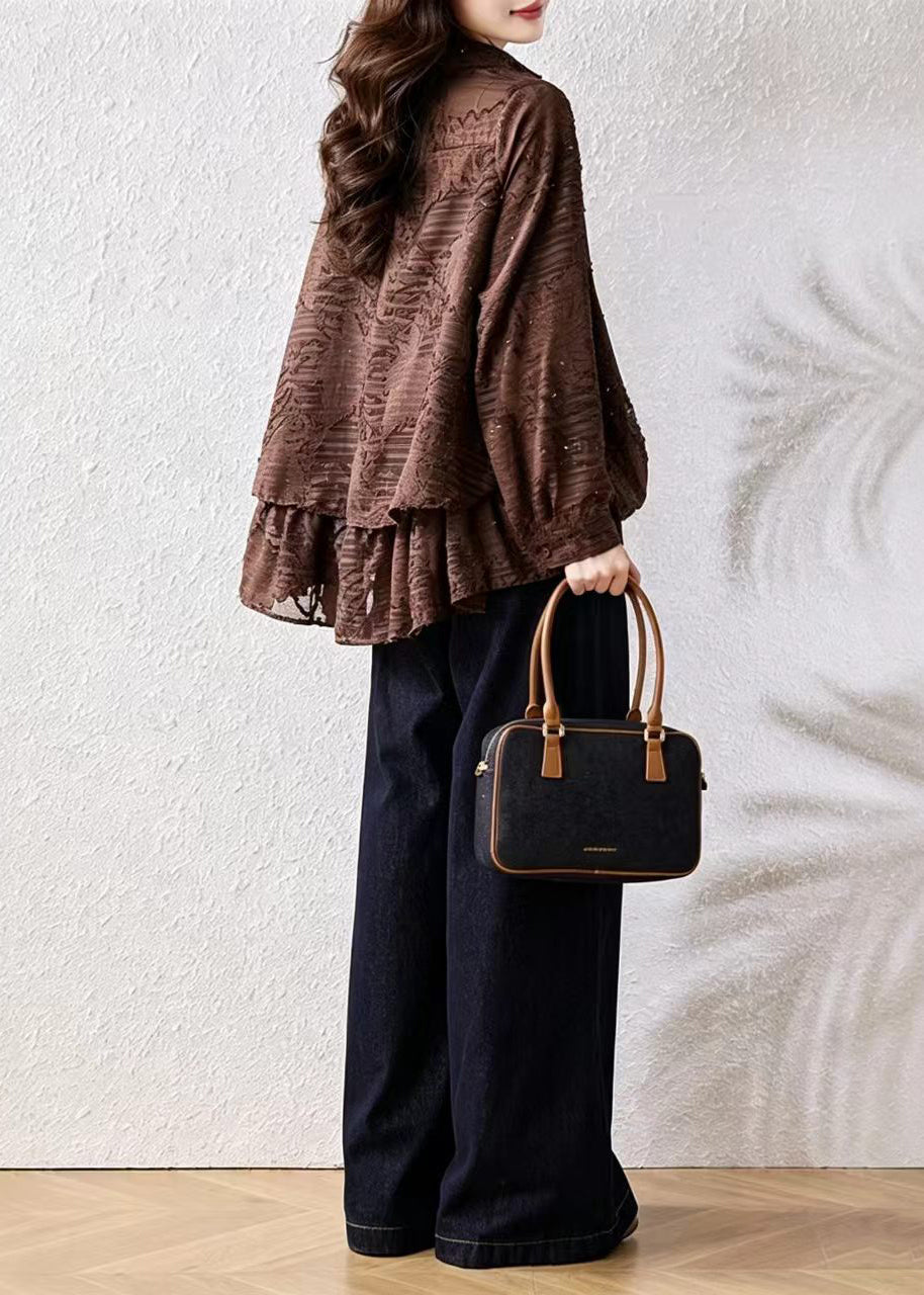 Coffee Blouses Asymmetrical Jacquard Turn-Down Collar Rhinestone Fall