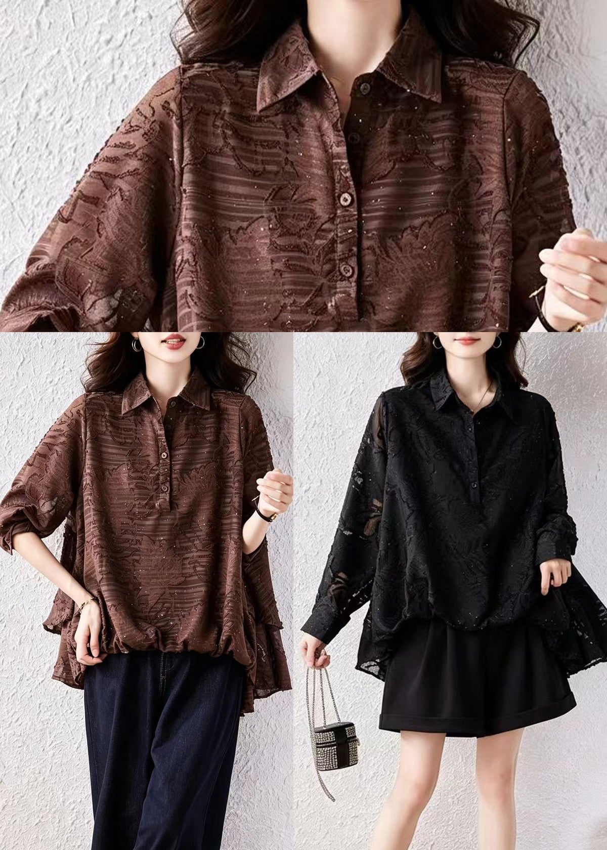 Coffee Blouses Asymmetrical Jacquard Turn-Down Collar Rhinestone Fall