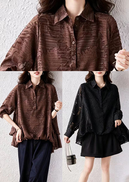 Coffee Blouses Asymmetrical Jacquard Turn-Down Collar Rhinestone Fall