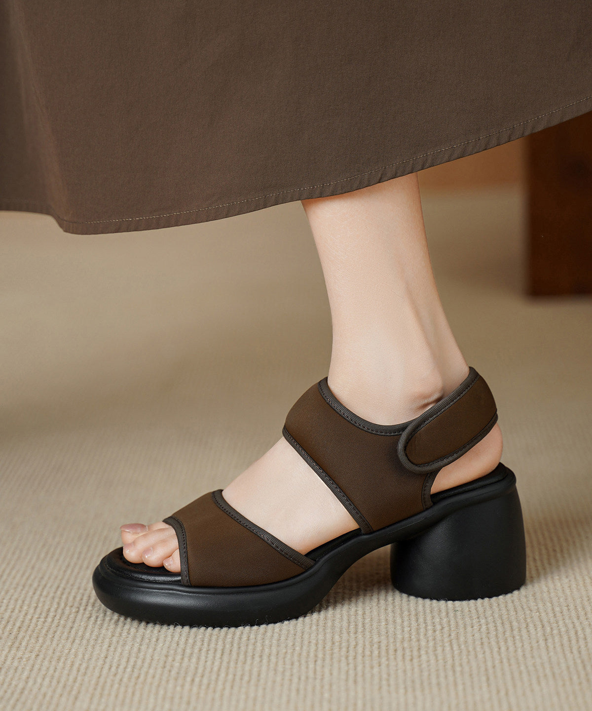 Coffee Buckle Strap Splicing Chunky Sandals Peep Toe