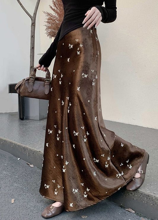 Coffee Butterfly Print Silk Skirt High Waist