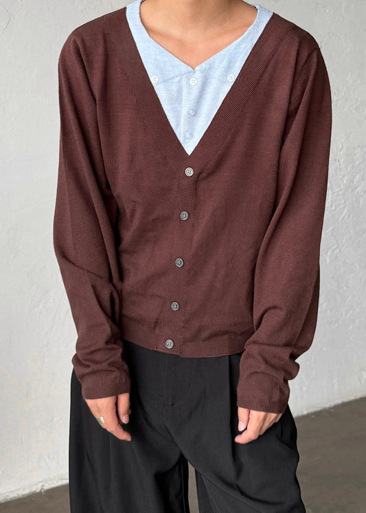 Coffee Button False Two Pieces Patchwork Men Sweater V Neck