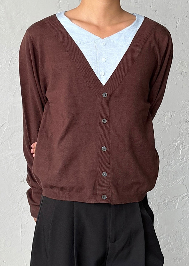 Coffee Button False Two Pieces Patchwork Men Sweater V Neck
