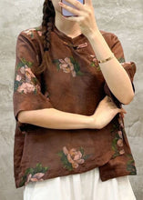 Load image into Gallery viewer, Coffee Button Linen Blouses Stand Collar Half Sleeve