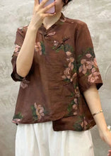 Load image into Gallery viewer, Coffee Button Linen Blouses Stand Collar Half Sleeve