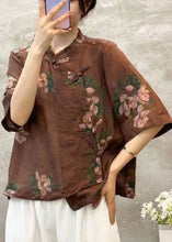 Load image into Gallery viewer, Coffee Button Linen Blouses Stand Collar Half Sleeve