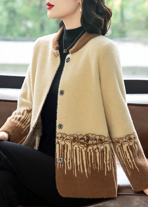 Coffee Button Mink Hair Knitted Coats Long Sleeve